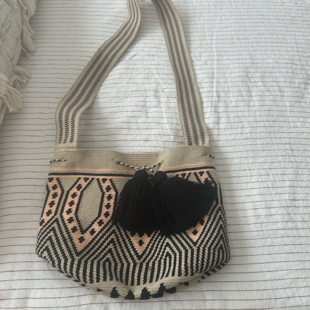 Boho Woven Crossbody Bag in Beige, Black and Blush